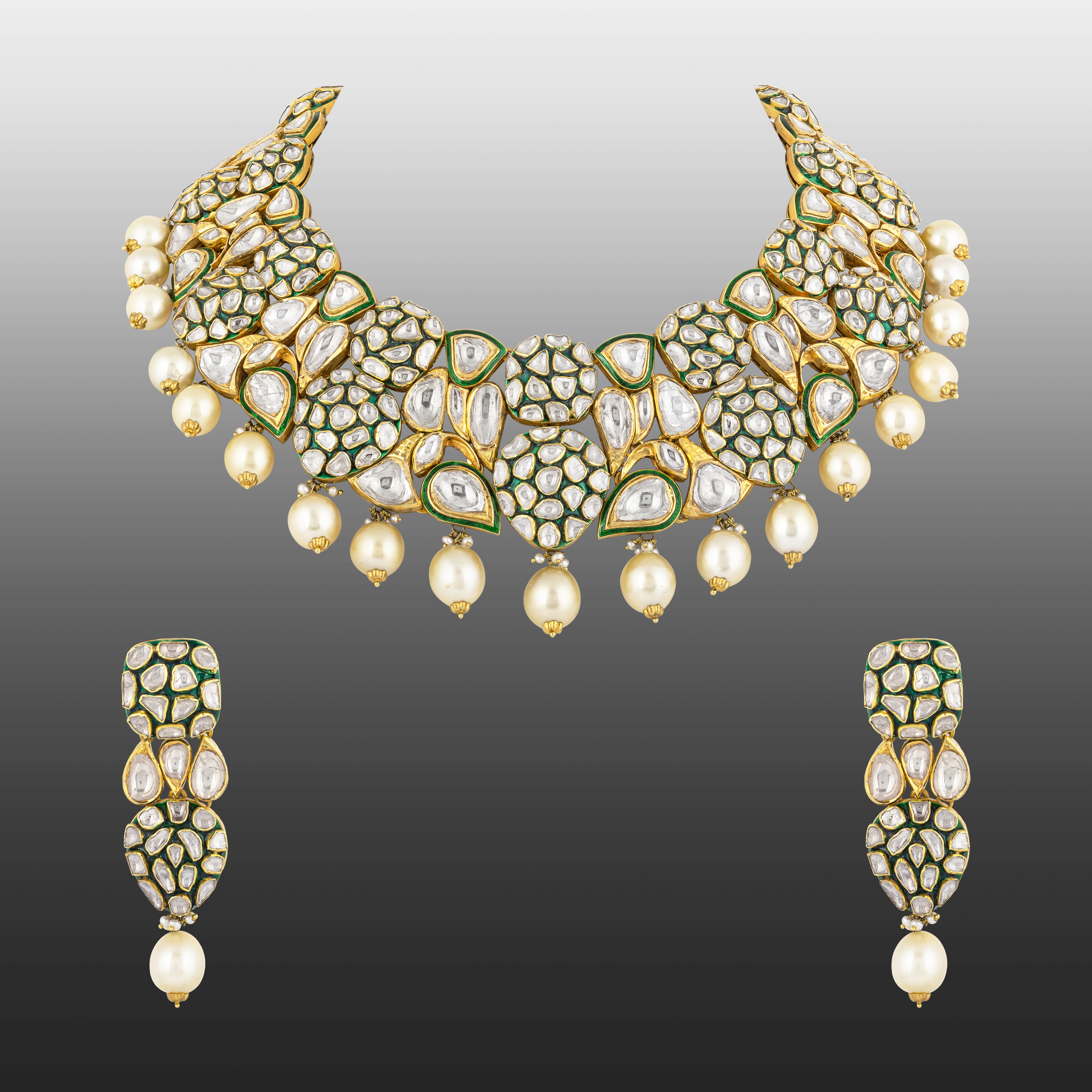 Polki Necklace Set with Pearl Drops & Green Enamel Cluster Polki